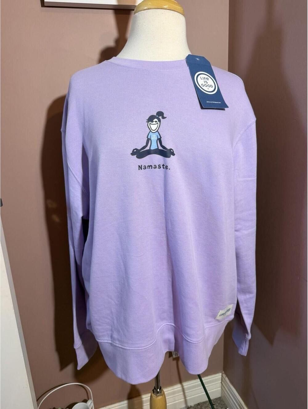 Life Is Good Sweatshirt Womens XL Namaste Yoga Crew Neck Purple Lounge New